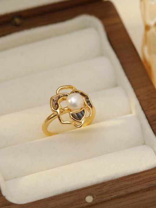 18K Golden Abalone Shell [Open Ring] Brass Enamel Flower Dainty Band Ring